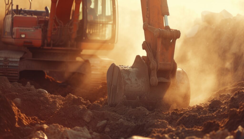 An excavator digging in heavy soil